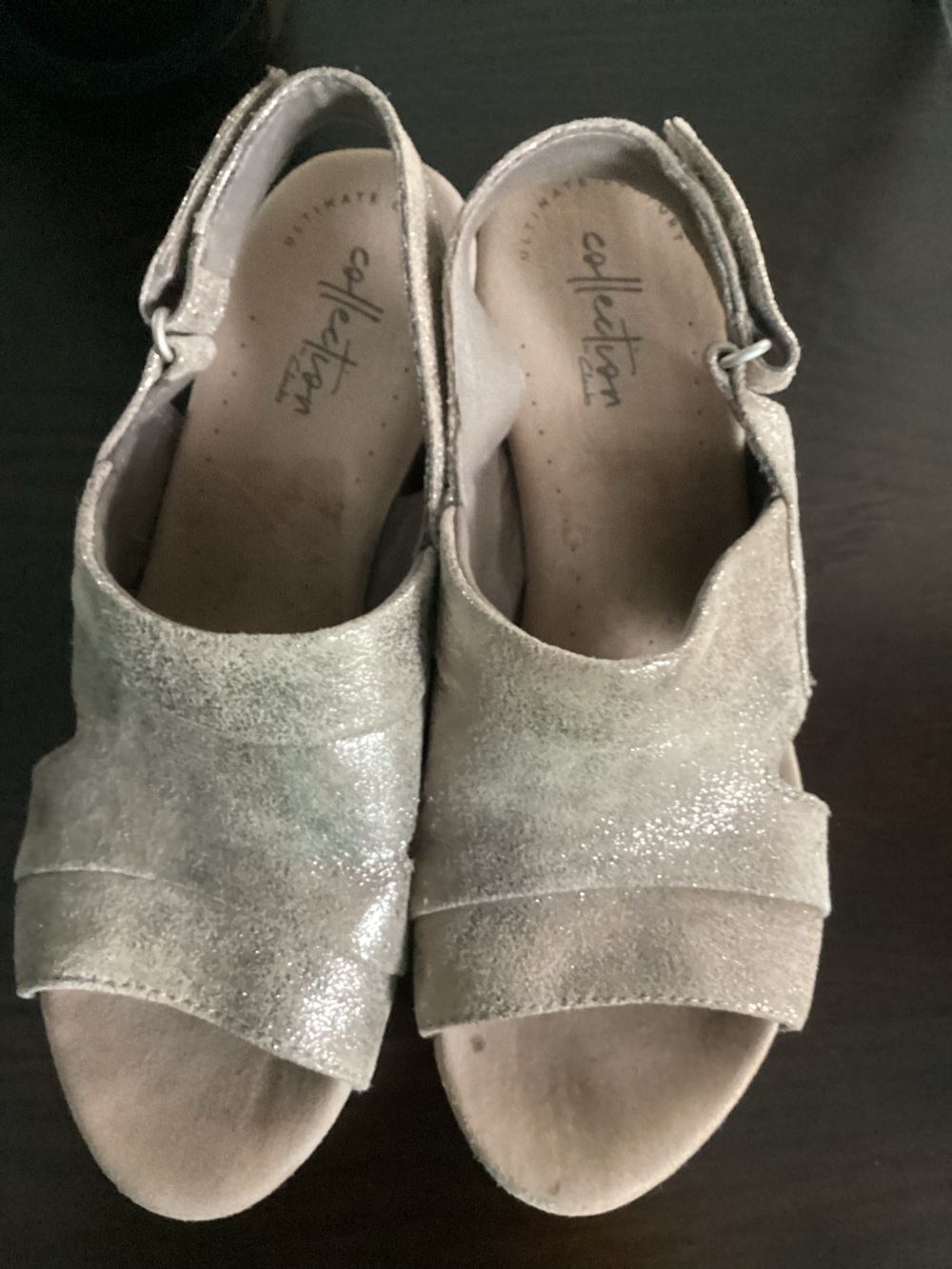 Clarks Collection Sparkle Champagne Soft Insole Wedge Sandals